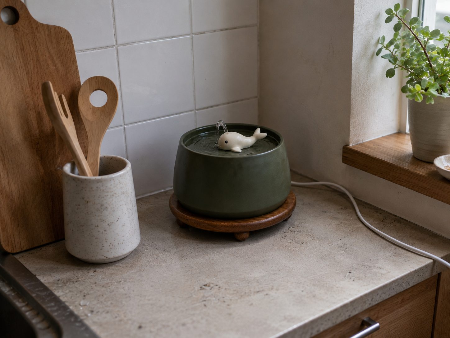 Fontaine COSYFUR vert sage sur un plan de travail de cuisine, eau limpide