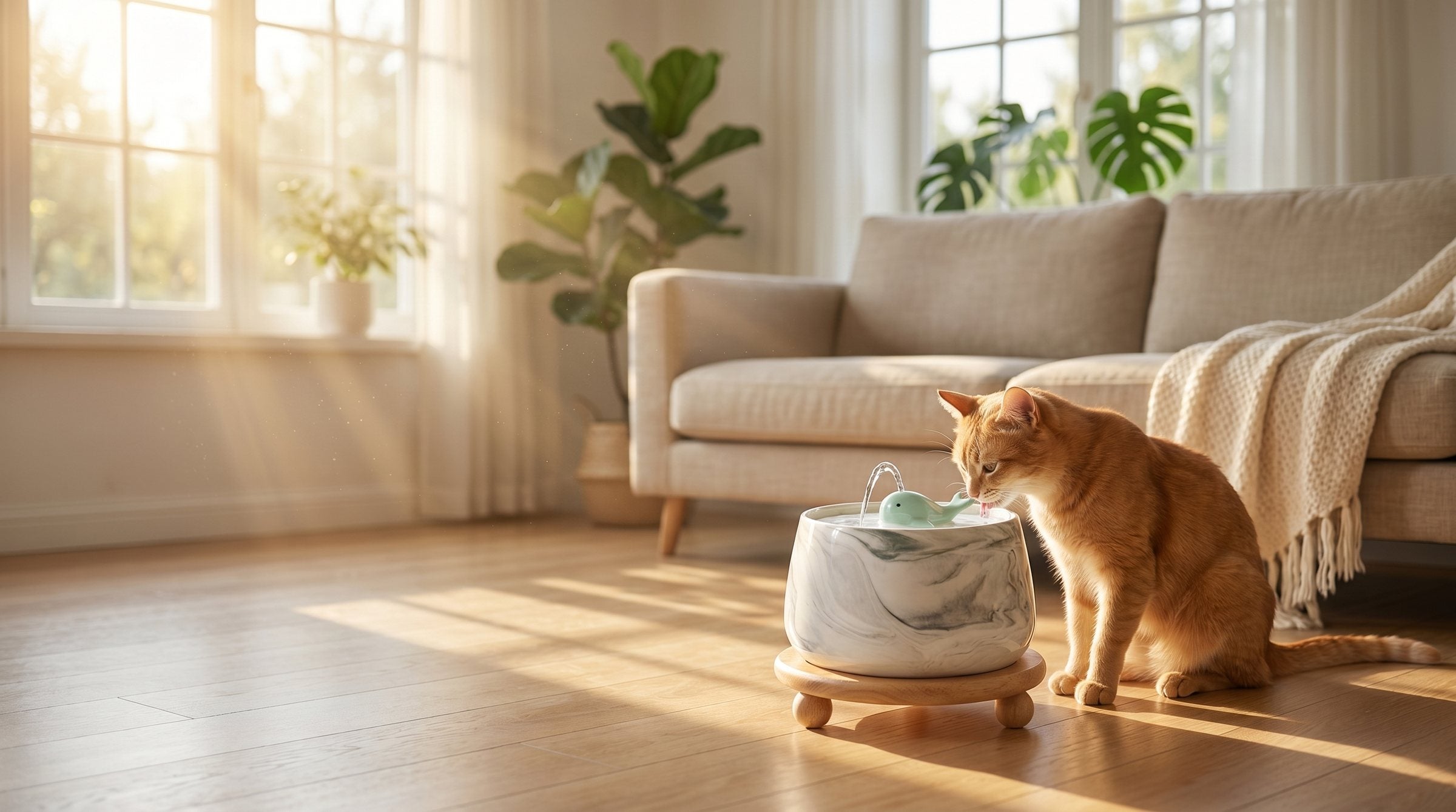 Chat roux buvant à la fontaine en céramique COSYFUR dans un salon baigné de lumière