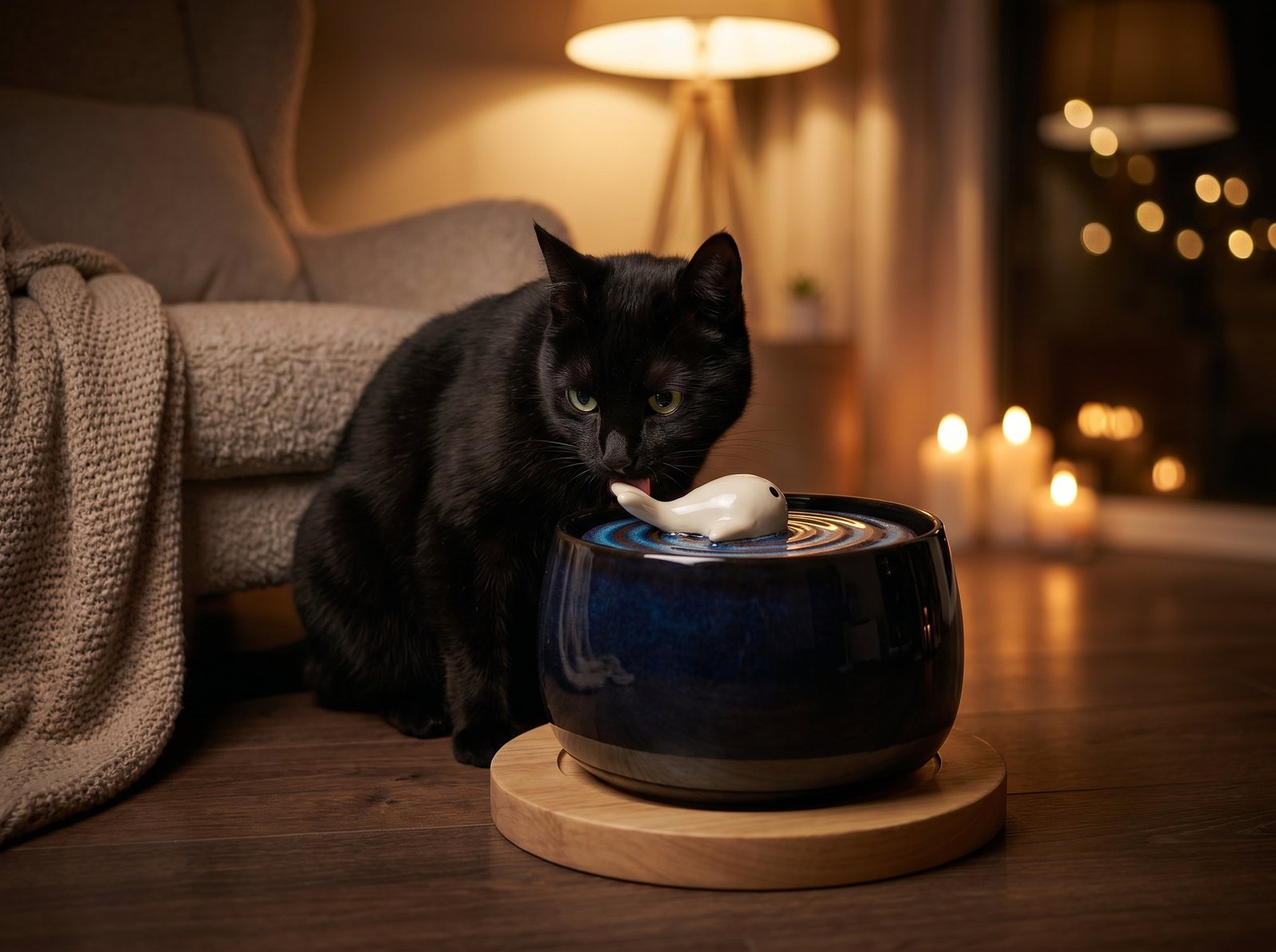 Chat noir buvant à la fontaine Ciel étoilé dans une ambiance du soir