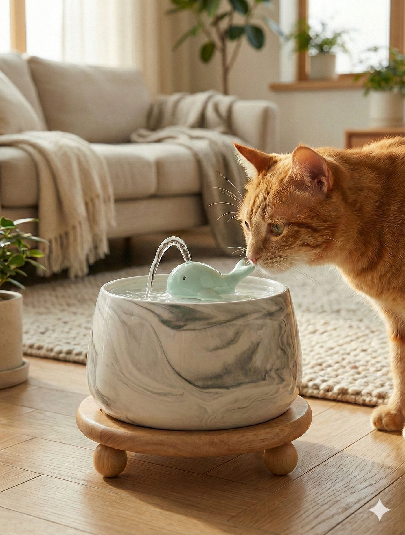 Chat roux s'abreuvant à la fontaine céramique marbre COSYFUR