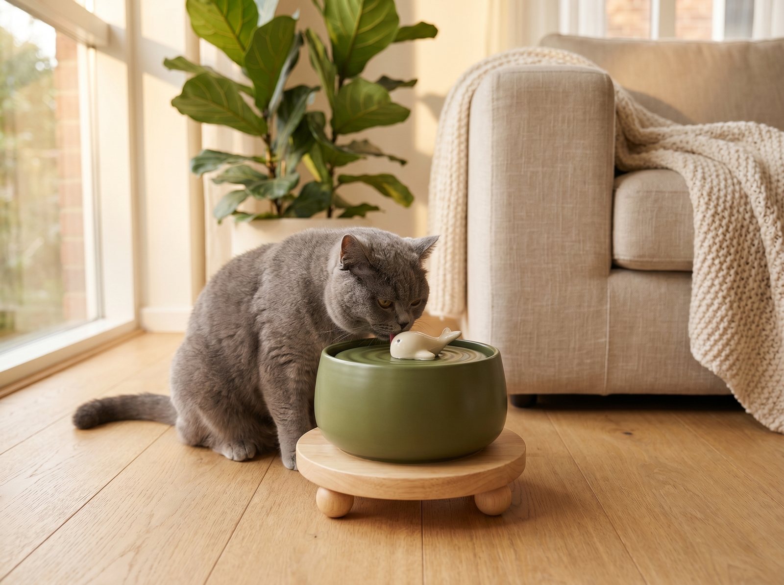 Chat gris British Shorthair buvant à la fontaine Vert Sage